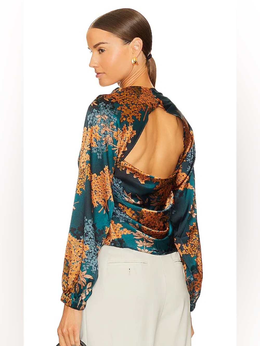 Anthropologie ASTR Teal Satin Floral Long-Sleeve Blouse draped top - Picture 2 of 7